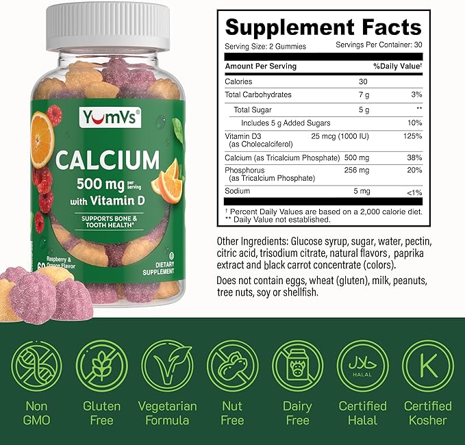 YUM-V'S Calcium 500mg with Vitamin D3 - Raspberry & Orange Flavor Calcium Vitamin D Gummies, Chewable Calcium Supplement for Kids & Adults, Vitamin D Calcium Gummies (60 Count (Pack of 2)