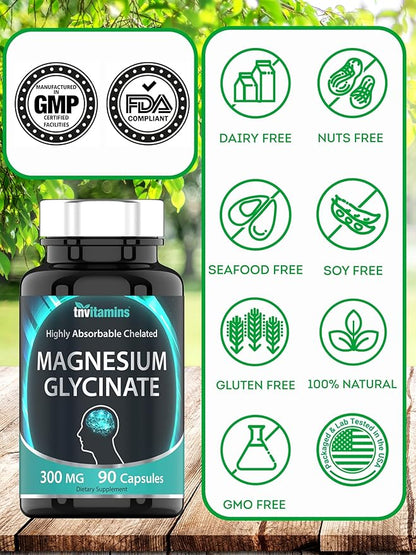 tnvitamins Magnesium Glycinate 300mg, 90 Capsules | High Absorption Chelated Magnesium for Sleep, Calm & Muscle Support* | Non-GMO, Gentle, Non-Laxative | TNVitamins