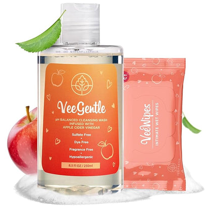 VeeFresh VeeDaily - VeeGentle Intimate Wash & VeeWipes ACV Sensitive Vee Bundle - Apple Cider Vinegar Infused Female Wipes for Women & Natural Feminine Wash for Sensitive Vees!
