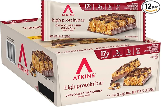 Atkins Chocolate Chip Granola Protein Bar, High Fiber, Low Sugar, 17g Protein, 3g Net Carb, High Protein Bars, Keto Friendly, 12 Count