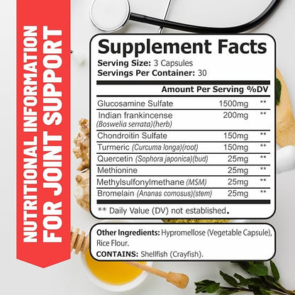 Joint Support Supplement with Glucosamine Chondroitin MSM Turmeric Boswelia. Supports Inflammatory Response, Discomfort Relief for Knees Hands Back Joints. USA Made.