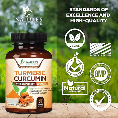 Turmeric Curcumin Supplement - 95% Curcuminoids with Organic Turmeric & BioPerine Black Pepper for Best Absorption - Daily Joint & Immune Health Support, Vegan, Non-GMO, Bottled in USA - 60 Capsules