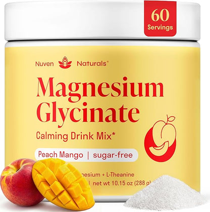 Magnesium Glycinate Powder + L-Theanine | 60 Servings | 300 mg per Scoop High Absorption Chelated Magnesium Powder for Sleep - Peach Mango Flavor, No Sugar, Support Restful Sleep & Relaxation