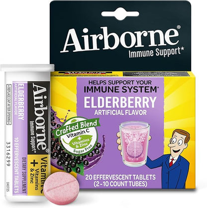 Airborne Elderberry Extract + Vitamin C 1000mg (per Serving) - Effervescent Tablets (20 Count in a Box), Gluten-Free Immune Support Supplement, with Vitamins A C E, Zinc, Selenium, Sugar Free