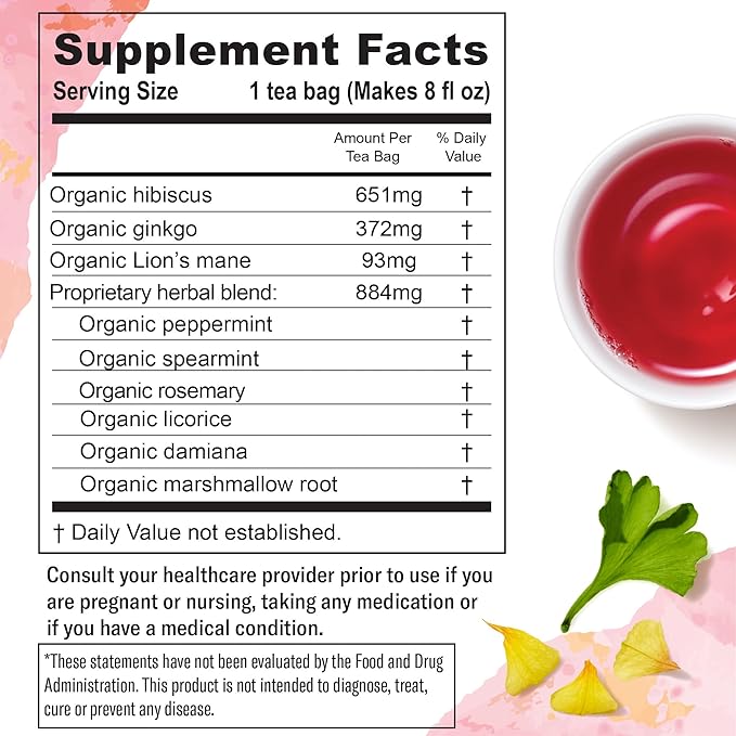Numi Organic Damiana Focus Herbal Tea – 48 Herbal Tea Bags – Caffeine Free Blend with Damiana Ginkgo Lion’s Mane Hibiscus Mint & Licorice for Mental Clarity & Natural Energy
