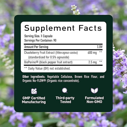 Vitex Chasteberry Supplement 600mg | Agnus Castus for Women's Hormone Balance, Menopause, Menstrual Regularity & Hormonal Acne* | Certified Gluten-Free, Vegetarian | 90 Capsules, 3-Month Supply