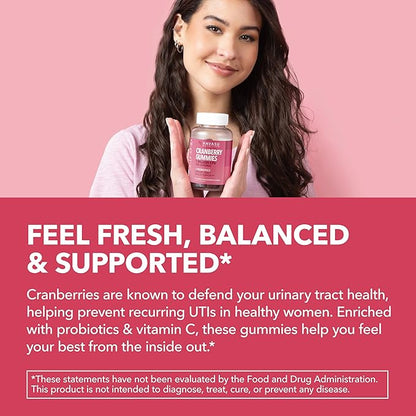 Probiotic Cranberry Gummies for Women - Urinary Tract Health and pH Balance - 1 Billion CFU of Lactobacillus for Bladder Support and Vaginal Wellness - Cran-Raspberry Flavor, 60 count, 1-Month Supply