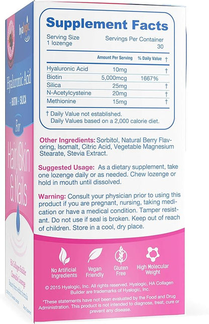 Hyalogic Hyaluronic Acid Chewable Lozenge – Sugar-Free Supplement for Hair Skin and Nails Vitamins for Women, Supports Skin Hydration (30 Count)