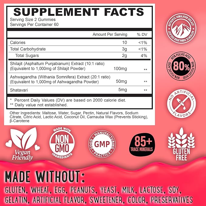 OH MY CHEWY Pure Himalayan Shilajit Gummies - High Potency Gold Grade Resin - Energy Boost and Immune Support for Men and Women with Ashwagandha and Shatavari - 120 Gummy - Strawberry & Banana