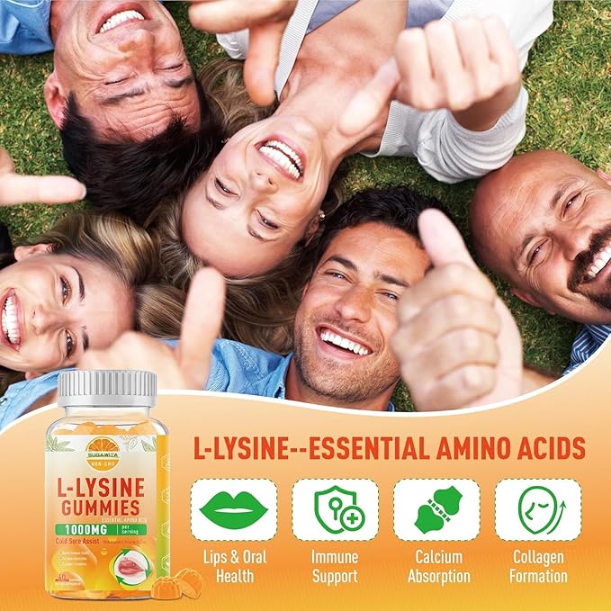 L-Lysine Gummies 1000 mg, Cold Sore Supplement with Immune Support for Lips & Oral, Chewable L Lysine Gummies for Adults & Kids, Boost Immune & Collagen, Non-GMO, Vegan, Gluten Free - 60 Counts