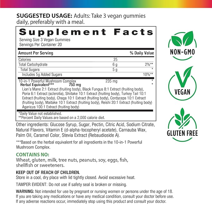 Rainbow Light Mushroom Power Complex Supplement | 60 Gummies | 10 Types of Premium Mushrooms Including Lion's Mane, Poria, Shiitake, Turkey Tail & More | Delicious Blueberry Flavor
