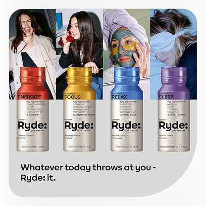 Ryde Discovery Pack | Energize, Focus, Relax & Sleep Shots | Green Tea Caffeine, Ginseng, B Vitamins, L-Theanine, Lemon Balm, Chamomile, Melatonin | 0 Calories, 0 Sugar | Variety Pack (8 Pack)