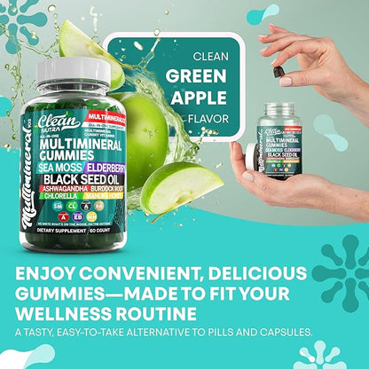 Sea Moss Gummies | Clinically Tested - Black Seed Oil Ashwagandha Elderberry Burdock Root Chlorella Manuka Honey - Vegan Irish Sea Moss Gummy Vitamins for Adults Kids Men Women - Green Apple Flavor