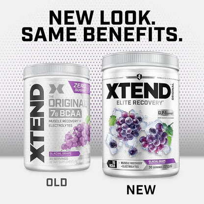 Xtend Original BCAA Powder, 7g BCAAs and 2.5g L-Glutamine for Muscle Recovery Hydration and Lean Muscle, Sugar Free Intra and Post Workout Drink with Electrolytes, Glacial Grape, 30 Servings