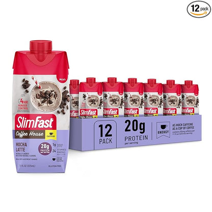 SlimFast Protein Shake, NEW Mocha Latte- 20g Protein, Meal Replacement Shake Ready to Drink, High Protein with Low Carb and Low Sugar, 24 Vitamins and Minerals, 11 Fl Oz (Pack of 12)