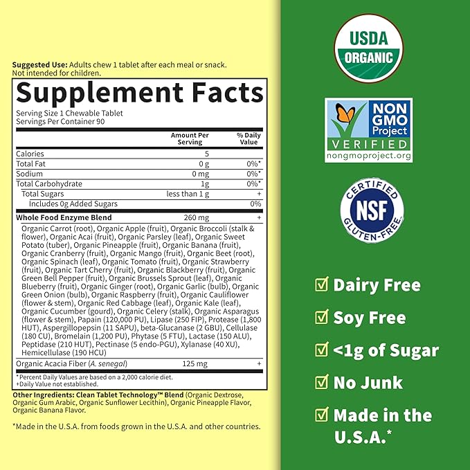 Garden of Life Digestive Enzymes with Papain, Bromelain and Lipase for Nutrient Absorption and Digestion Support, Tropical Fruit Flavor, Dietary Supplement, Certified Vegan, 90 Chewables