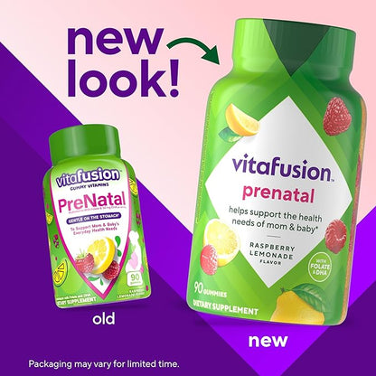 vitafusion PreNatal Gummy Vitamins, Raspberry Lemonade Flavor, Prenatal Vitamin Supplement for Women with Folate and DHA, 45 Day Supply, 90 Count