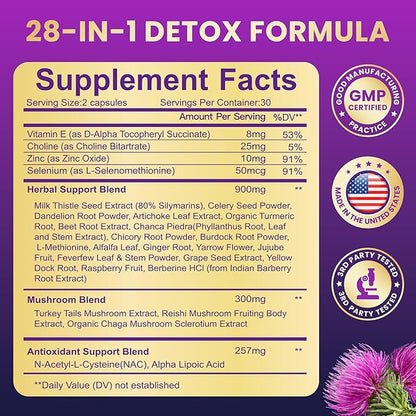 28-in-1 Liver Cleanse Detox & Repair - 1500mg Liver Health Support with Milk Thistle, Dandelion Root, Artichoke Extract, and 20+ Herbal Liver Support Supplements - Made in USA - 60 Capsules