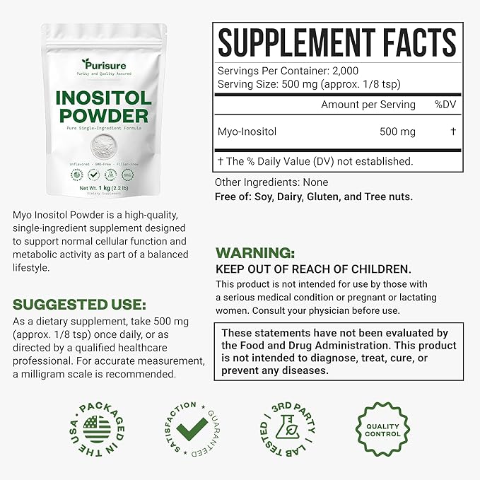 Purisure Inositol Powder, 1 kg, Fertility, Hormonal Balance and Ovarian Support, Pure Inositol Powder, Inositol Supplement to Support Energy and Brain Wellness, Vegan, Non-GMO, 2000 Servings