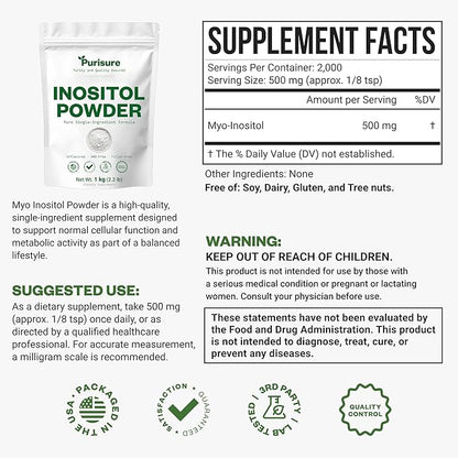 Purisure Inositol Powder, 1 kg, Fertility, Hormonal Balance and Ovarian Support, Pure Inositol Powder, Inositol Supplement to Support Energy and Brain Wellness, Vegan, Non-GMO, 2000 Servings