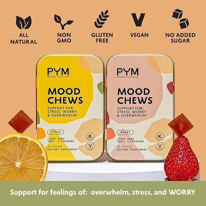 PYM Berry Mood Chews Support for Stress, Worry & Overwhelm, 120 Count | 130mg GABA, 90mg L-Theanine | Vegan, Non-GMO, Gluten-Free, No Added Sugar | All-Natural Mood Balance Supplement Made in USA