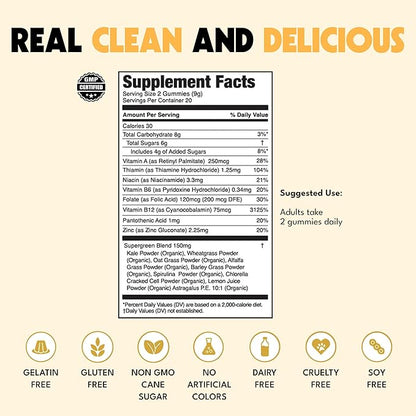 JUGO Energy + SUPERFOODS Vitamin B12 Gummies with Kale & Super Greens, Caffeine-Free Pre-Workout Energy Gummies, Vegetarian-Friendly, Gelatin-Free and Gluten-Free, Non-GMO, Made in USA, 40 Count