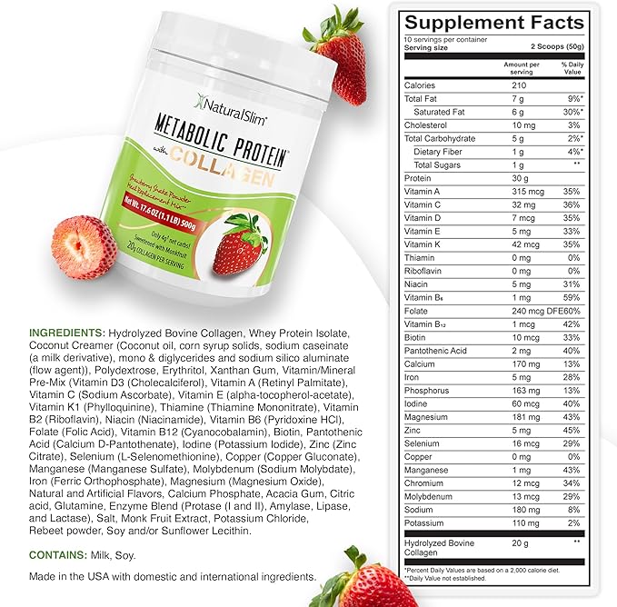 NaturalSlim Metabolic Protein Powder with Collagen, whey protein powder shake, Hydrolyzed Collagen with L-Glutamine for Metabolic Support, Digestion, Skin, Joints & Muscle, Low Carb 17.06oz Strawberry