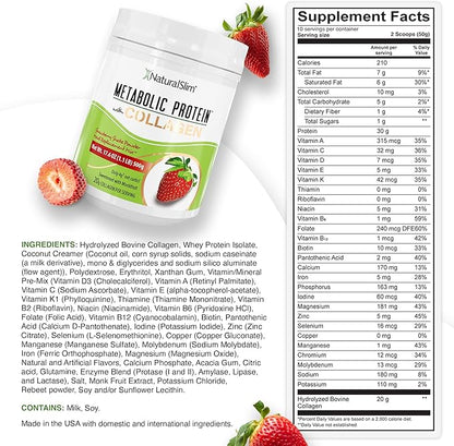 NaturalSlim Metabolic Protein Powder with Collagen, whey protein powder shake, Hydrolyzed Collagen with L-Glutamine for Metabolic Support, Digestion, Skin, Joints & Muscle, Low Carb 17.06oz Strawberry
