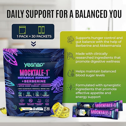 MOCKTALE-1 Metabolic GLP-1 Weight Management Supplement with Berberine & Akkermansia, Chromium, Ceylon Cinamon, Apple Cider Vinegar Lemon Mint Flavor Non-Alcoholic Cocktail 30 Packets
