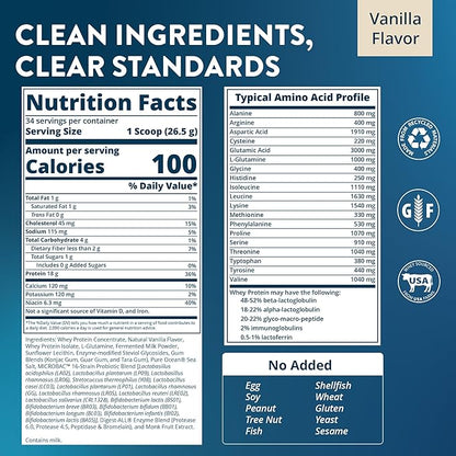 MRM Nutrition Whey Protein - Vanilla Flavored, Microfiltered Whey Protein Isolate & Concentrate, 16 Different Probiotic Strains, BCAAs, & Digestive Enzymes, Gluten Free, for Women & Men - 34 Servings