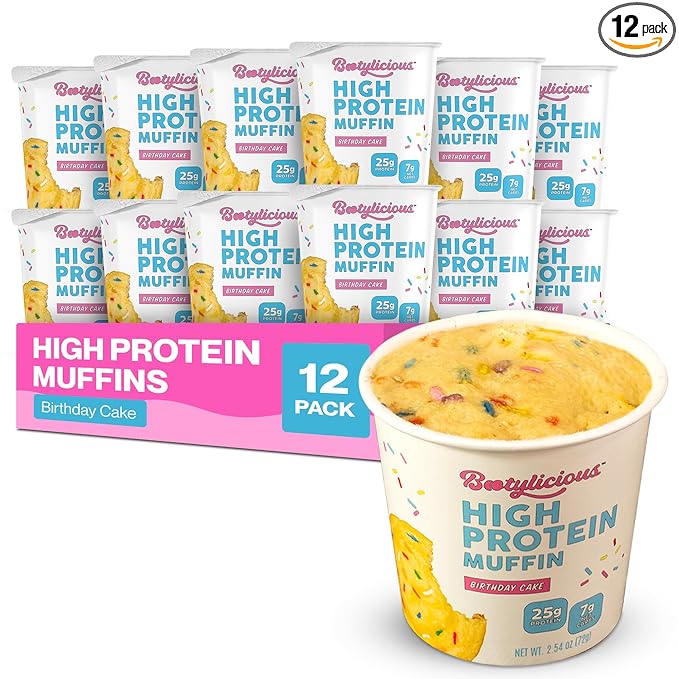 Bootylicious | 25g Protein Muffin | Birthday Cake | Low Carb, 16g Fiber, Low Glycimic Index, Low Sugar, 2.54oz Cup, 12-Pack