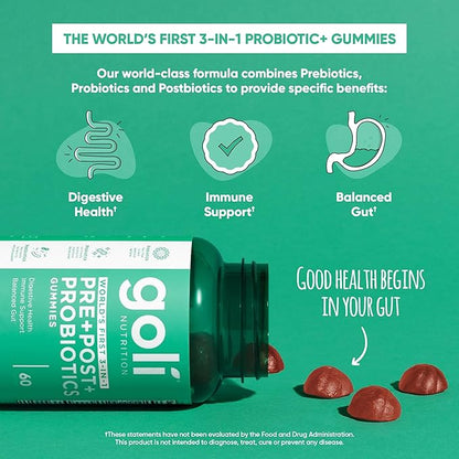 Goli Pre Pro Postbiotic Gummies - Worlds First 3-in-1 Formula with DE111 Probiotics, XOS Prebiotics, MCC1849 Postbiotics - Vegan, Non-GMO, Gluten-Free