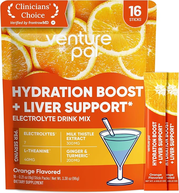 Venture Pal Hydration Packets + Liver Support- Liquid Daily IV Electrolyte Powder Packets with 7 Electrolytes & 5 Vitamins, Milk Thistle + L-Theanine | Sugar-Free | Keto Friendly | Vegan, 16 Sticks