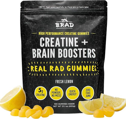 B.rad Real Rad Creatine Gummies | 5g Creatine Monohydrate Per Serving | with Alpha GPC, L-Theanine, L-Tyrosine, L-Citrulline & Panax Ginseng | Natural Lemon Flavor | 100 XL Gummies