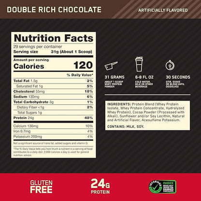 Optimum Nutrition Gold Standard 100% Whey Protein Powder, Double Rich Chocolate 1.98 Pound (Packaging May Vary)