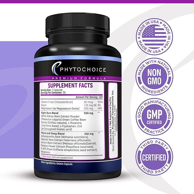 Night Time Fat Burner - Weight Loss Diet Pills with Magnesium Melatonin CLA L-Carnitine that Work at Night, Appetite Suppressant, Carb Blocker, Nighttime Metabolism Booster for Women and Men 60 Caps.