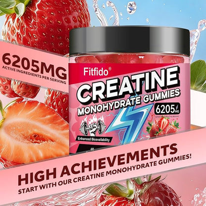 Creatine Monohydrate Gummies for Men & Women - 6205mg per Serving, Containing L-carnitine & Taurine, Post Workout Muscle Recovery, Strength & Energy Boost, Sugar Free & Vegan (60, Strawberry)