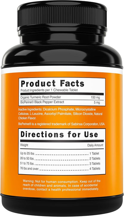 Turmeric for Dogs (155mg) Turmeric Curcumin Supplement for Dogs with BioPerine - Immune System Hip, Mobility & Joint Support - 120 Chicken Flavor Chewable Tablets - Third Party Tested & Non-GMO