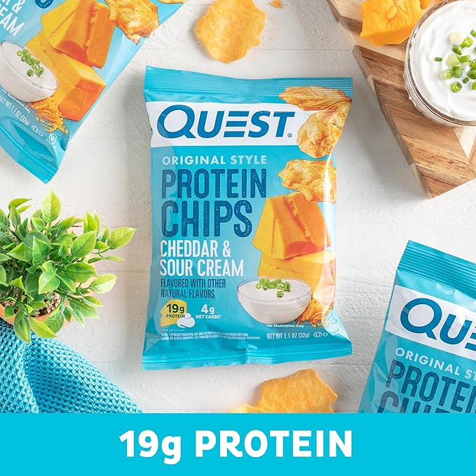 Quest Nutrition Cheddar & Sour Cream Protein Chips, 19g Protein, 4g Net Carbs, Low Carb, Gluten Free, 1.1 oz, 4 count