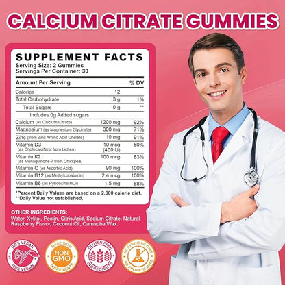 Calcium Citrate Gummies - 1200mg Calcium Gummies Supplements for Women & Men with Vitamin D3, K2, Magnesium, Zinc High Absorption for Bone, Muscle & Immune Support, Raspberry Flavor, 120 Count