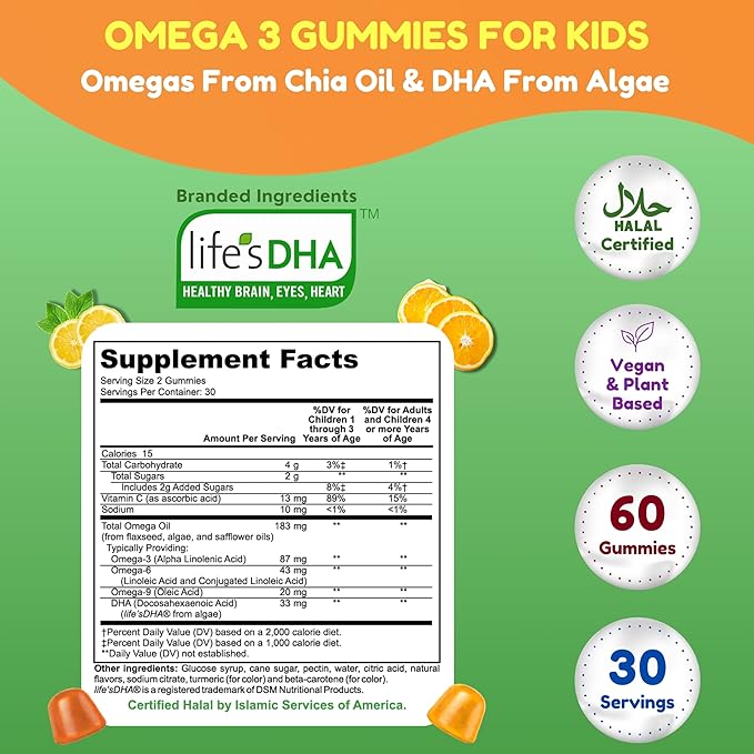 SHIFAA NUTRITION Halal Omega 3 for Kids with DHA Gummies for Brain Development, Heart & Immune Support, Plant-Based, Non-GMO, Algae-Based DHA, Gluten & Gelatin-Free Kids Omega 3 Gummies, 30 Servings