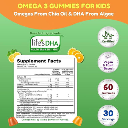 SHIFAA NUTRITION Halal Omega 3 for Kids with DHA Gummies for Brain Development, Heart & Immune Support, Plant-Based, Non-GMO, Algae-Based DHA, Gluten & Gelatin-Free Kids Omega 3 Gummies, 30 Servings