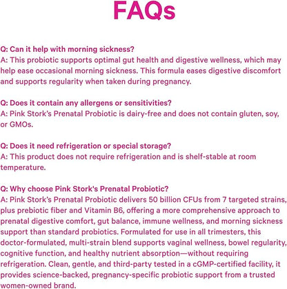 Pink Stork Prenatal Probiotic for Women with 50 Billion CFU | Vitamin B6 & Prebiotics | Pregnancy Probiotics for Morning Sickness | Digestive, Immune, & Gut Health | Vegan & Gluten-Free | 30 Capsules