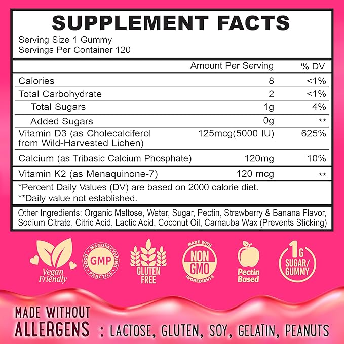 OH MY CHEWY Center-Filled Vitamin D3 K2 & Calcium Gummies - Supplement for Healthy Teeth, Bone & Energy - 5000 IU D3, 120 mcg K2(MK-7), 120 mg CA - Vegan & Non-GMO - 120 Count