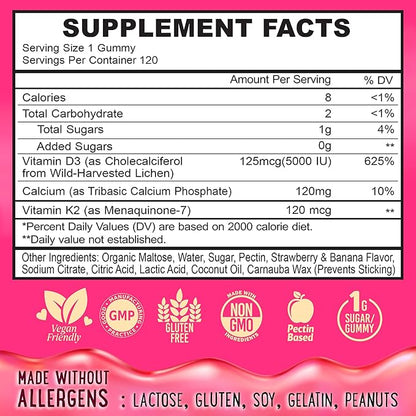 OH MY CHEWY Center-Filled Vitamin D3 K2 & Calcium Gummies - Supplement for Healthy Teeth, Bone & Energy - 5000 IU D3, 120 mcg K2(MK-7), 120 mg CA - Vegan & Non-GMO - 120 Count