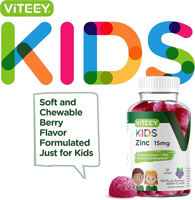 Viteey Zinc for Kids Gummies 15mg - Immune Support for Kids & Teens - Powerful Natural Antioxidant, Kids Zinc Vitamin Supplement - Vegan, Gelatin Free, Gluten Free - Tasty Chewable Berry Flavor Gummy