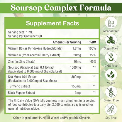 7-in-1 Soursop Graviola with Sea Moss Liquid Drops, Soursop Bitters Liquid Rich in Multivitamin for Digestive Antioxidant, Immune Boost, Cell Support & Regeneration, 2 Fl Oz