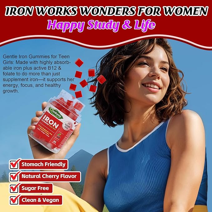Iron Gummies for Teen Girls, Gentle Iron Bisglycinate with Vitamin C, Iron Supplement Plus Folate, Energy & Anemia Support, Chewable, Sugar Free, 60 Gummies