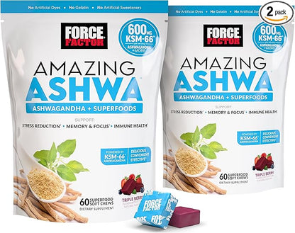 Force Factor Amazing Ashwa for Stress Relief, Memory, Focus, and Immune Support Health, Ashwaganda Supplement with KSM-66 Ashwagandha for Stress, 120 Soft Chews