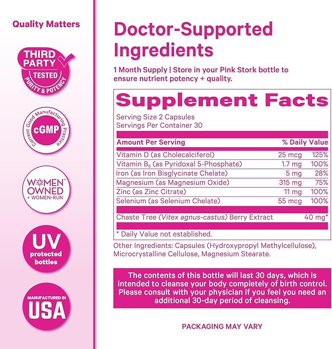 Pink Stork Birth Control Cleanse to Support Hormone Balance, with Chaste Tree Berry (Vitex), Magnesium, and Selenium, Period Support for Conception, Fertility Supplements for Women - 60 Capsules